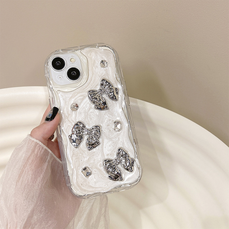 Electroplated silver Bowknot Heart Phone Case Compatible with Apple 17 Pro Max Full Coverage iPhone 16 Rhinestone Ins