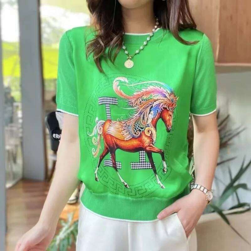 Fashion trends Version Commuter Fashion Women's Clothing Summer New Simplicity Print Round Neck Short Sleeve Temperament T-Shirt