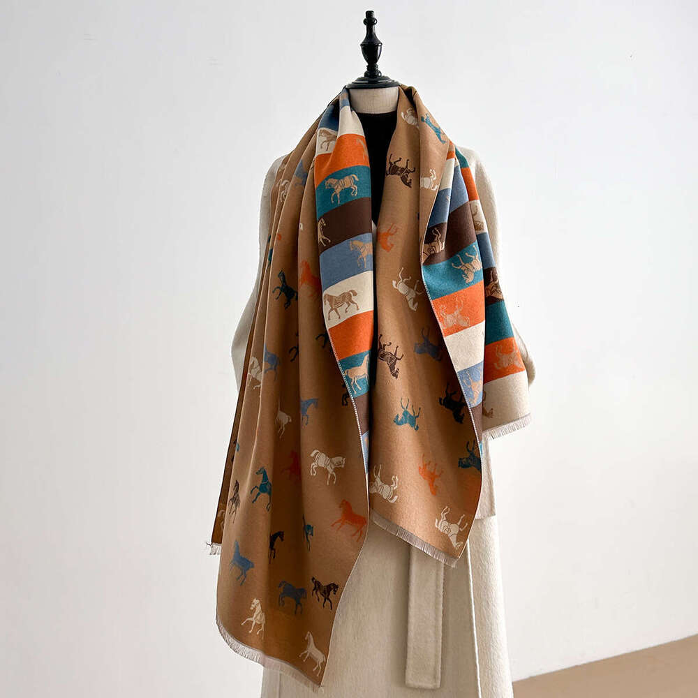 Dh_art Autumn Winter New Warm Imitation Cashmere Scarf for Women Double-Sided Cute Cartoon Horse Color-Block Thickened Neck Warmer Hollow Head Shawl