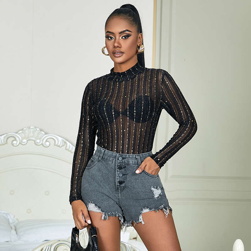 Bodystockings clothing Hot Black Long Sleeve Gold Stamping Mesh See-Through Bodysuit No Need to Take Off Women Spring Autumn Wearable Thin nderwear