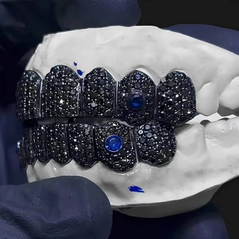 Custom Teeth Grillz Iced Out Black VVS Moissanite Diamond with Blue SapphireHoneycomb Pave Setting S925 Silver Hip Jewelry