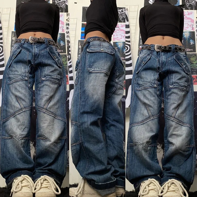 Y2K Fashion Street Blue Washed Stitching Loose Jeans Women Korean Vintage Casual Joker High Waist Straight Wide Leg Pants 251225