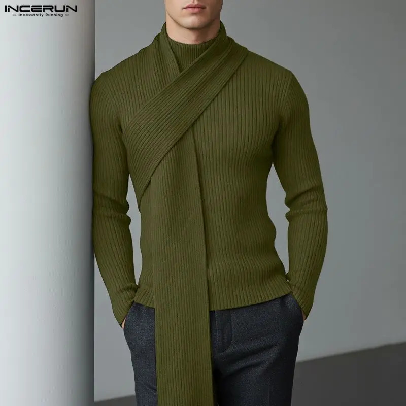 INCERUN Men Sweaters Solid Turtleneck Long Sleeve Knitted Male Pullovers With Scarf Streetwear Spring 2026 Fashion Clothing 251225