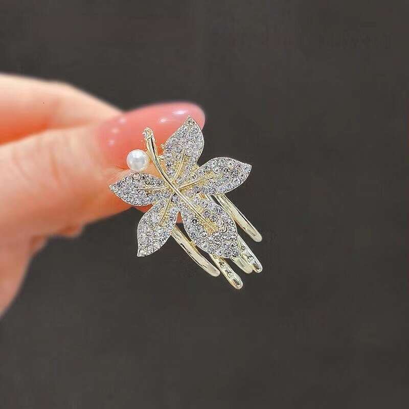 Side Imitation Pearl Rhinestone Maple Leaf Duckbill Elegant Bangs Clip Hair Accessory Forehead Stylish Small Hairpin