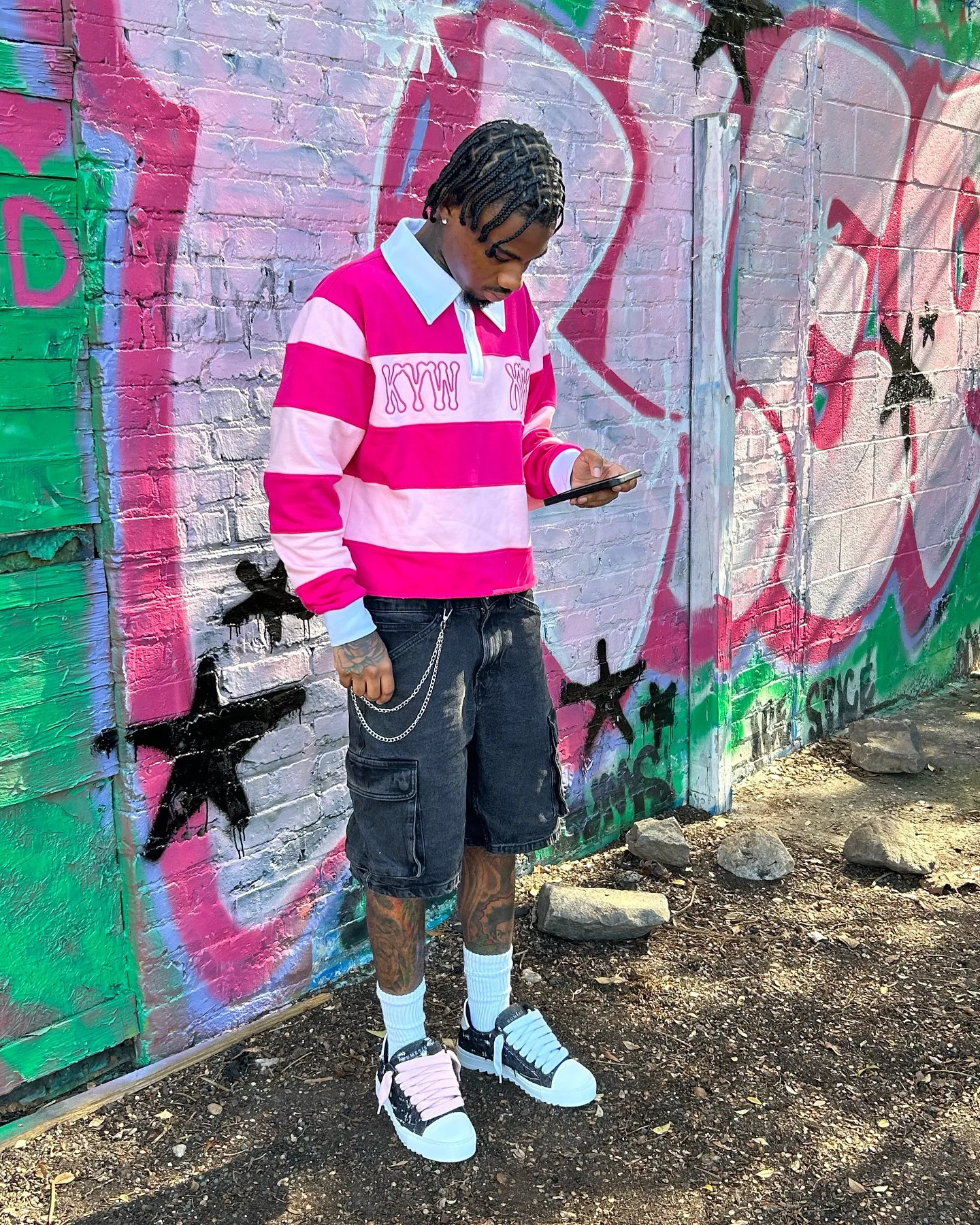 Pink Rugby Polo Shirts Hip Hop Men Stripe Print Lapel Neck Shirt Y2k Harajuku Fashion Casual Cotton Long Sleeves Top Women Tees 251218