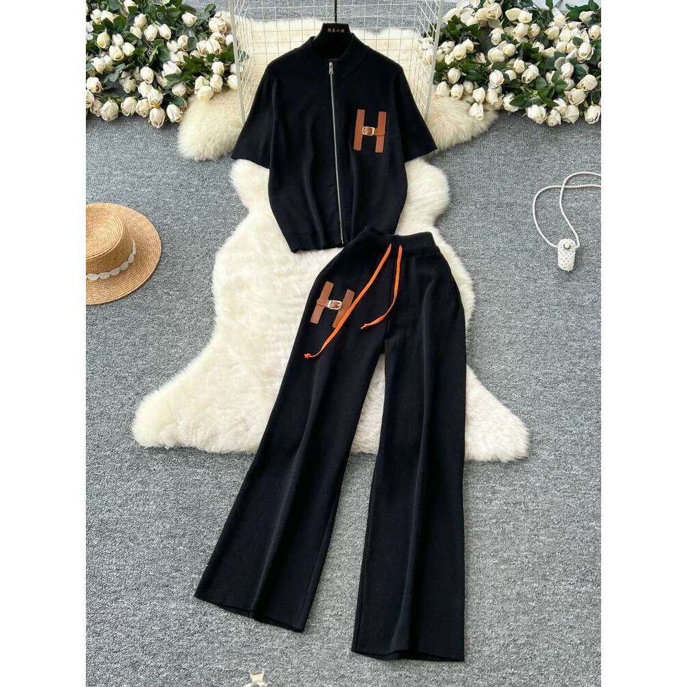 Designer Clothes Leisure Suit Women S European Round Neck Short Sleeved Knitted Cardigan High Waist Wide Leg Pants Summer Two Piece Set Hot Selling