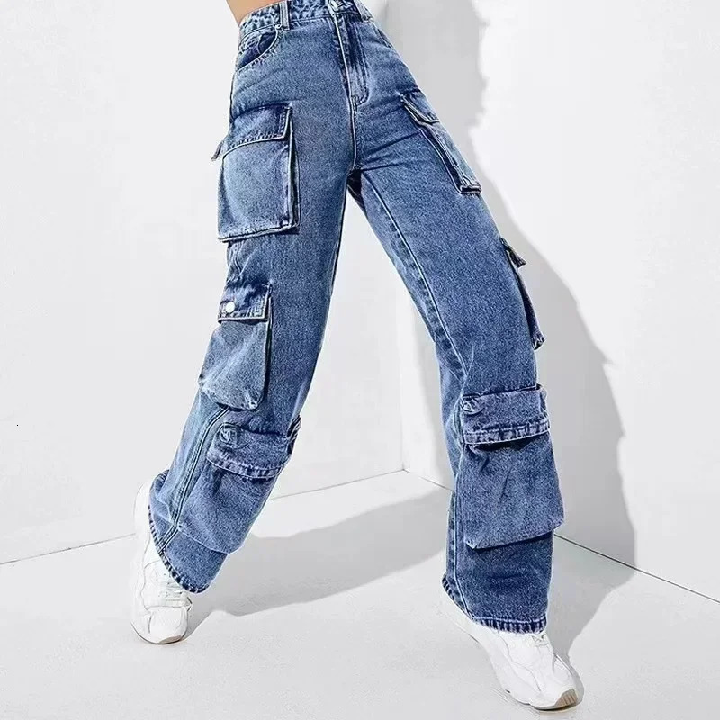 Jeans Women Zipper Fly Flat Cargo Pants Denim Pockets Streetwear High Waist Loose Mom Winter Spring Streewear Club Y2k 251225