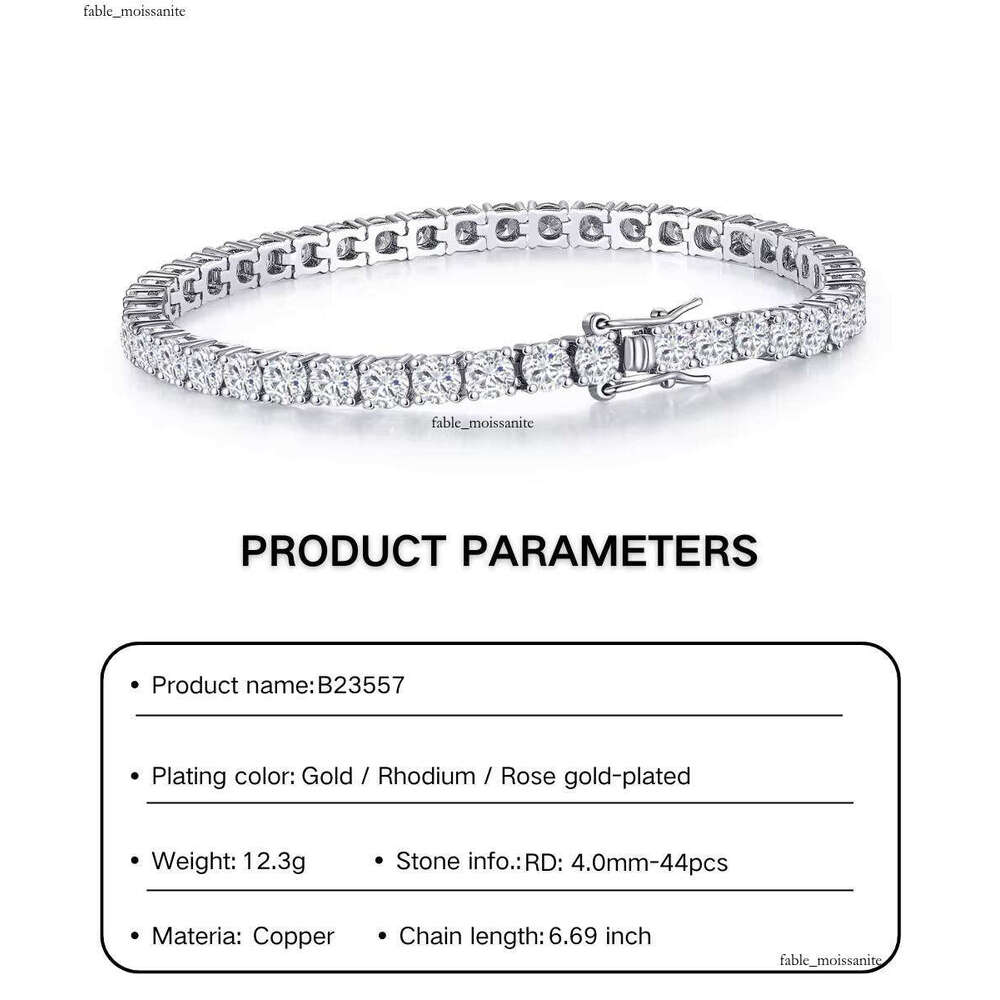 Women's 7inch VVS Moissanite Rhodium Plated Waterproof Hot Silver Fashion 4mm Link Tennis Bracelet