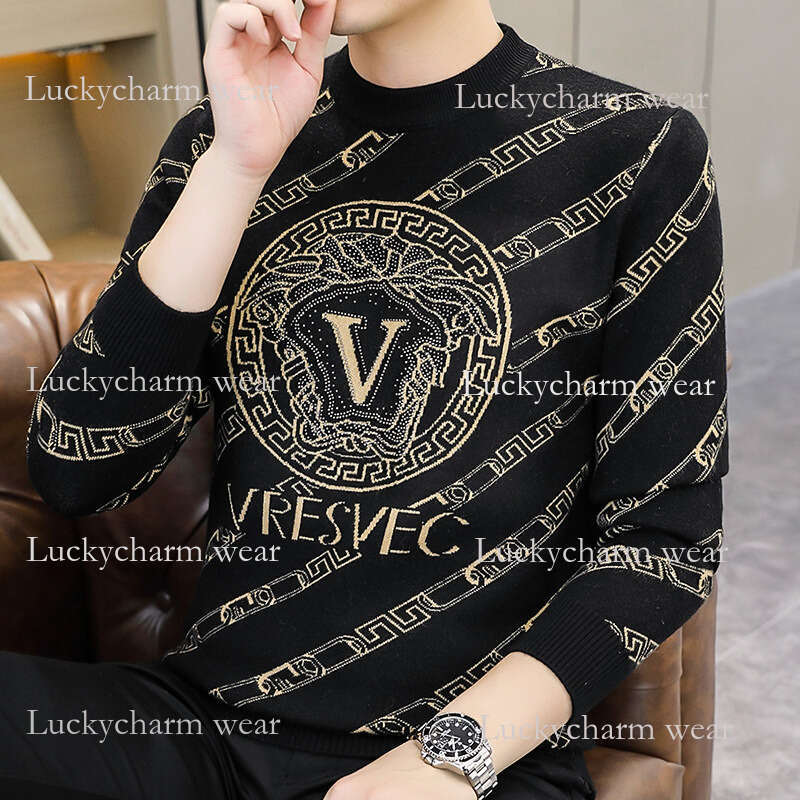 European Trendy Brand Men's Knitted Autumn Winter New Fashion Rhinestone Round Neck Versatile Base Shirt Sweater For Men