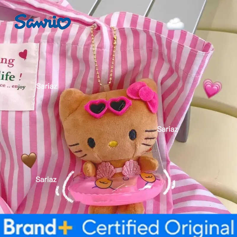 Sanrio Sweet Hello Kitty Black Skin Hawaii Vacation Keychain Cartoon Kitty Cat Swimming Ring Couple Pendants Cute Downy Soft Dolls Gift H251225