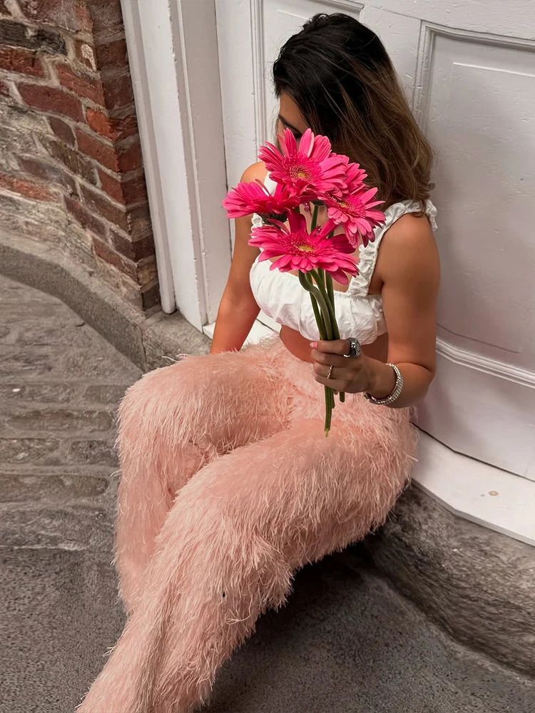 kliou Stacked Feather Pleated Women Pants Casual Unique Tassel Elastic High Waist Straight Trousers Female Wild Street Bottoms 251219