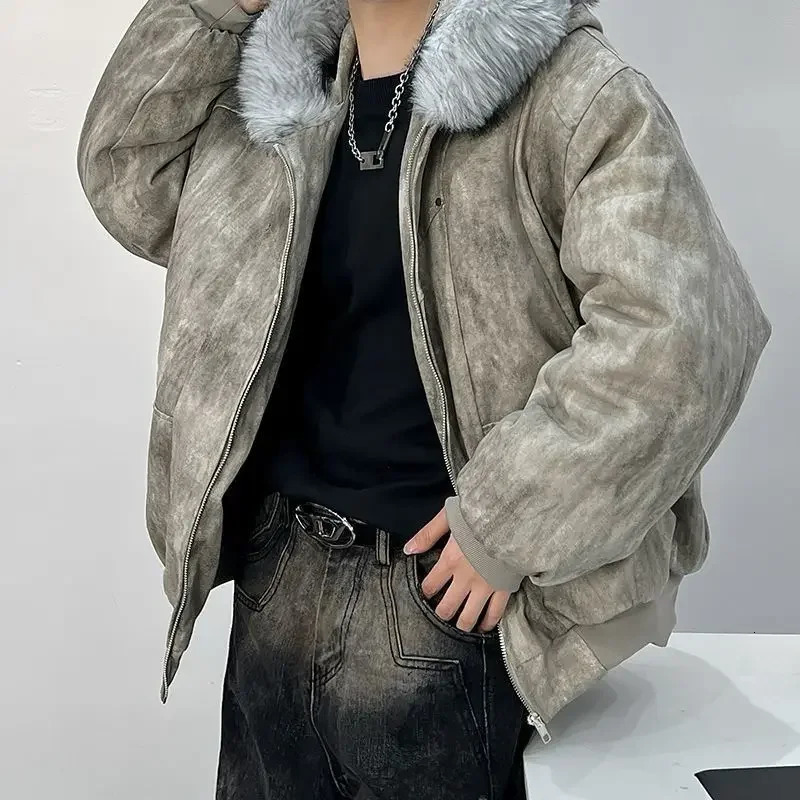 Y2K Cotton jacket with fur collar eagle embroidered and tie-dyeed winter mens outdoor jacket thick and comfortable 251223CJ