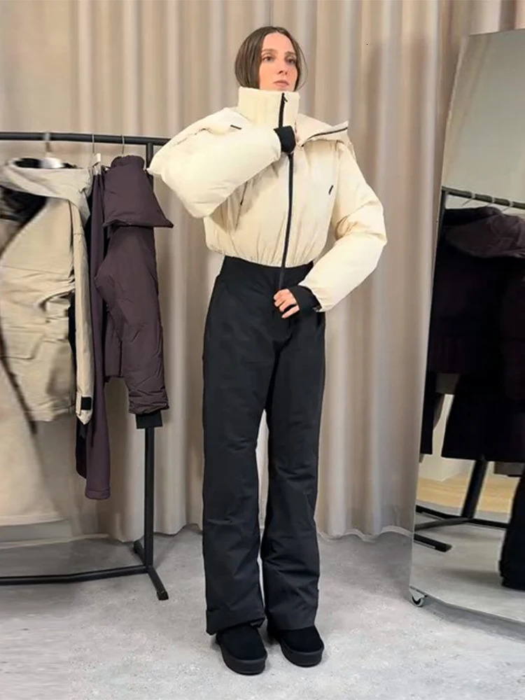 Detachable Hooded Ski Suit Jumpsuit Woman Zipper Color Blocked Long Sleeve Slim Warm Jumpsuits Sports Casual Womens Suits 251225