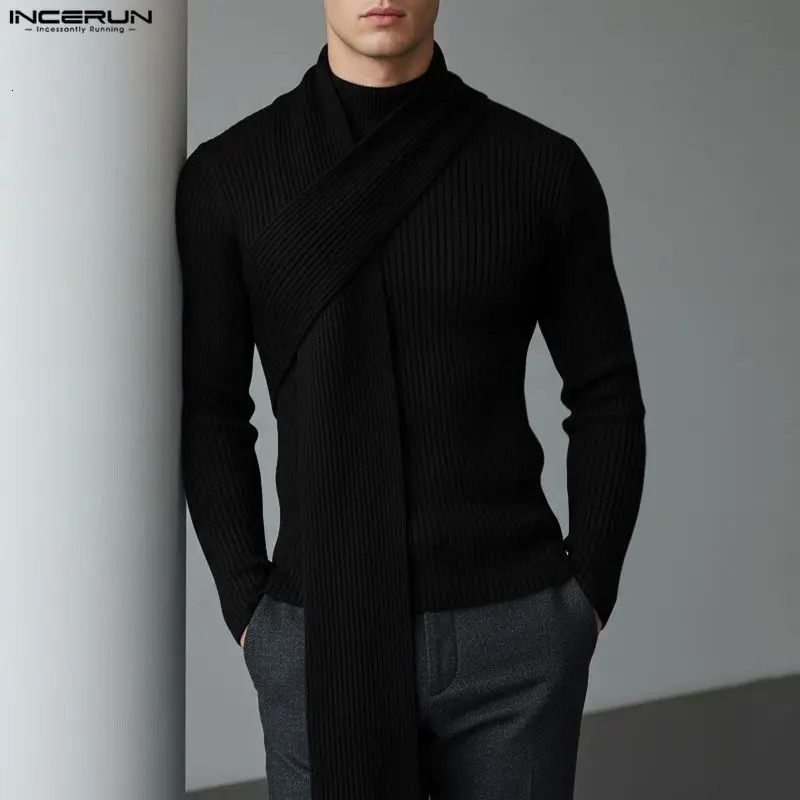 INCERUN Men Sweaters Solid Turtleneck Long Sleeve Knitted Male Pullovers With Scarf Streetwear Spring 2026 Fashion Clothing 251225