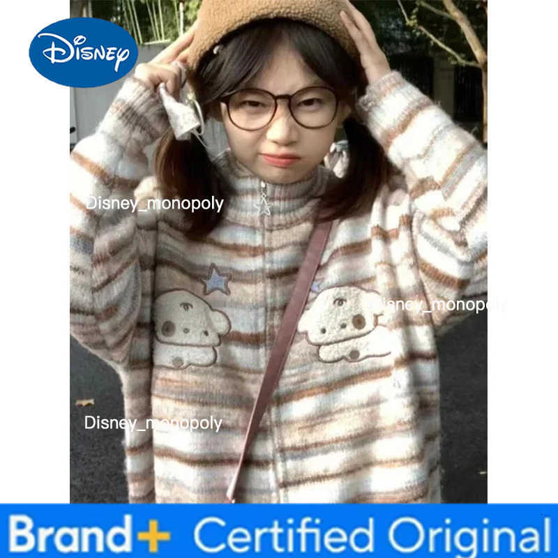 Disney Y2K Striped Knitted Cardigan Women Vintage Oversized Sweater Outerwear Japanese Kawaii Embroidery Knitwear Winter Jumpers H251225