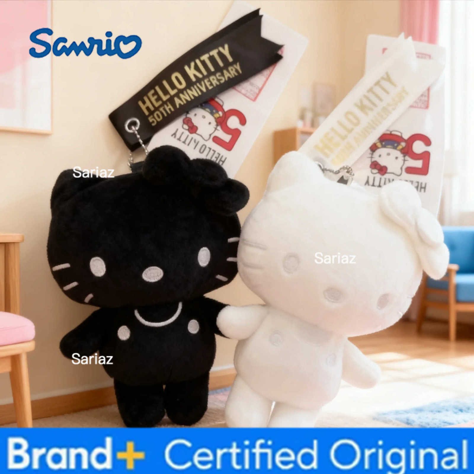Sanrio New Cute 50th Anniversary Limited Edition Pure Black and White Hello Kitty Pendant Girls Heart Plush KT Doll Keychain Pendant H251225
