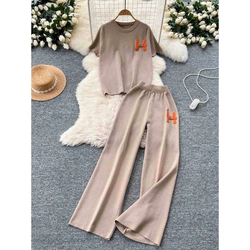 Designer Clothes Leisure Knitted Summer Fashion Letter Embroidered Sweater And Wide Leg Pants Two Piece Set Hot Selling