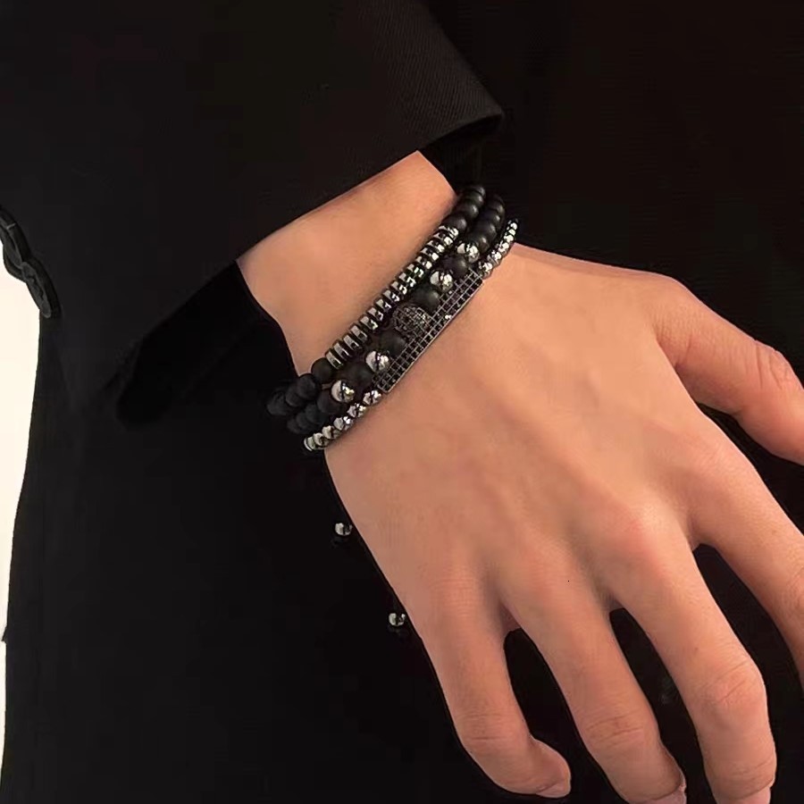 Anil Arjandas Mens Bracelet Set Jewelry 3Pcs/Set 8mm Black CZ Ball 4/5mm Copper Bead Braided Macrame Bracelet Set 240918
