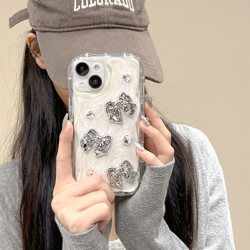 Electroplated silver Bowknot Heart Phone Case Compatible with Apple 17 Pro Max Full Coverage iPhone 16 Rhinestone Ins