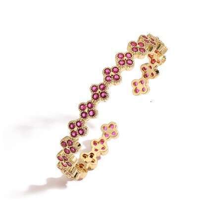 Four-Leaf Flower Bracelet Copper Setting with Colored Diamonds Adjustable Open-Petaled Bracelet