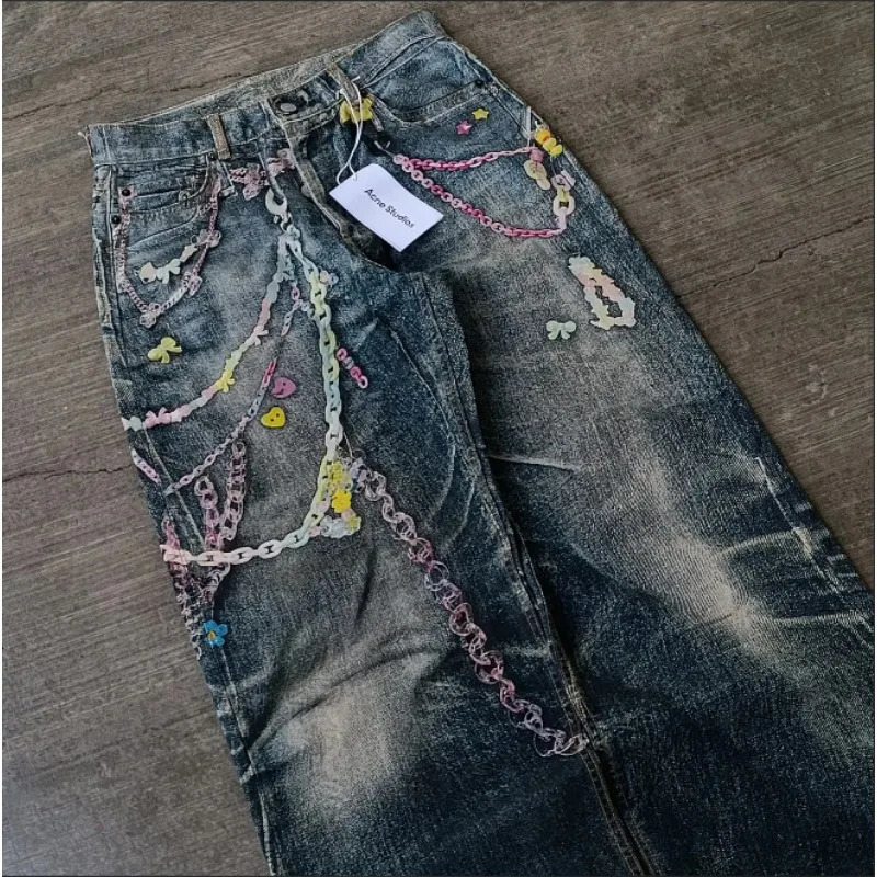High Street Geometric Letter Chain Print n Oldsized Highwaisted Jeans for Women Y2K Aesthetic Leisure Niche Simple Pants 251225