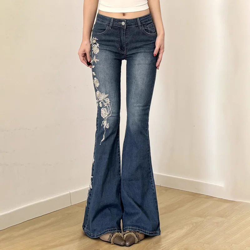 Floral Embroidery Jeans Vintage 2000s Low Rise Flared Women Retro Y2k Baggy Denim Pants High Street Basic Trousers 251225