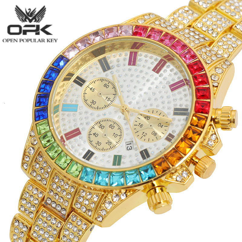 New popular three eyed fashion watch rainbow gradient rhinestone inlaid decoration calendar women's luxury watch trendy chic elegant luxurious wa