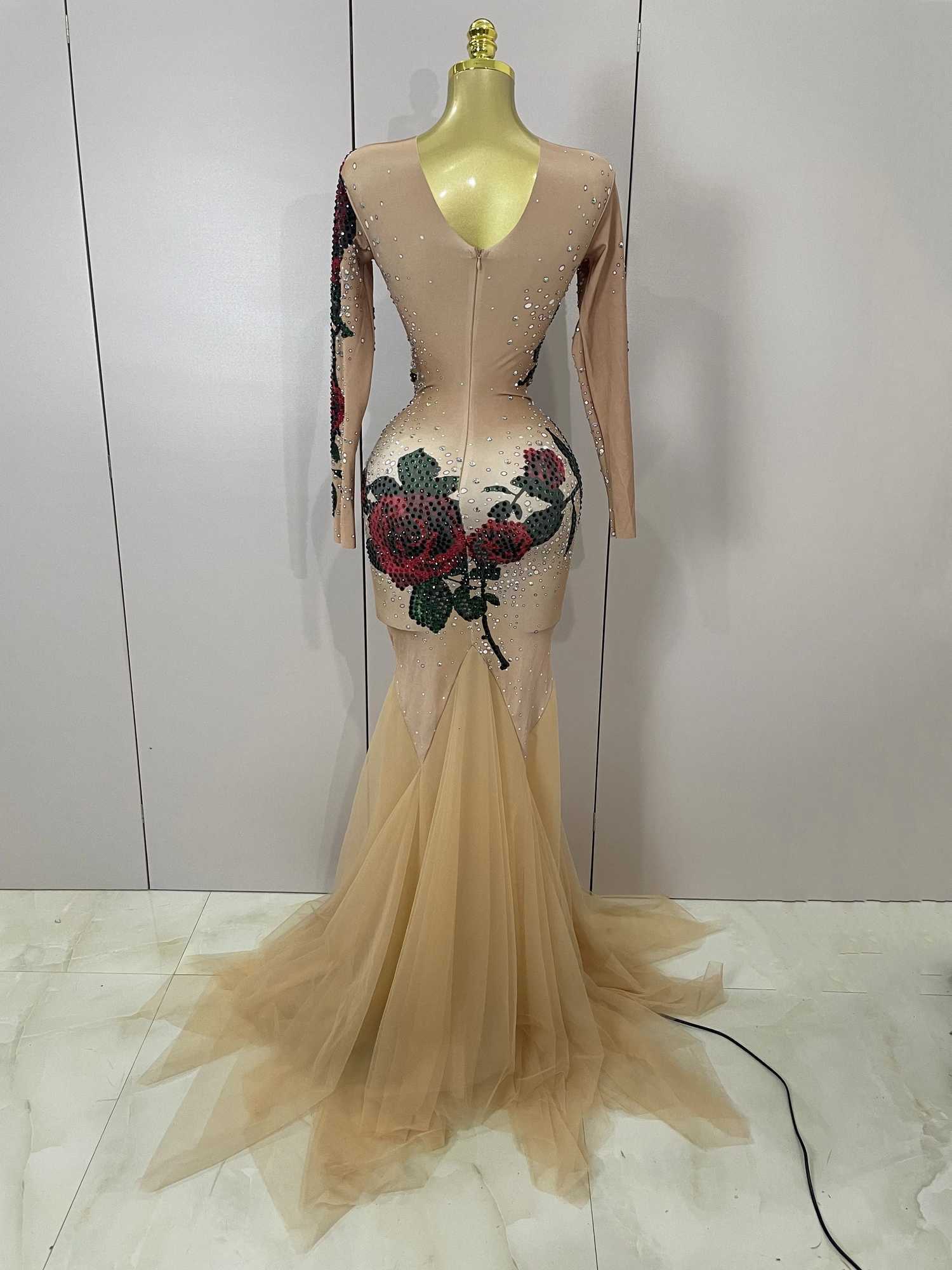 Sexy Shiny Rhinestone Rose Floral Floor-Length Dress Evening Women Eveing Celebrate Birthday Party Nightclub Performance Costume C251225