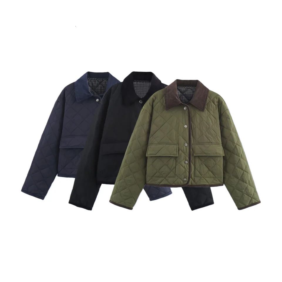 Winter Womens Casual Fashion Corduroy Quilted Nylon Lazy Style TurnDown Collar Long Sleeve Short Cotton Jacket 251225