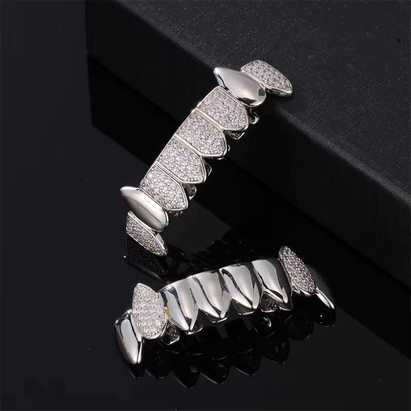 Hip Hop Stainless Steel Teeth Grillz with Diamond Zircon Gold Plated Silver Set-for Parties Anniversaries or Gifts