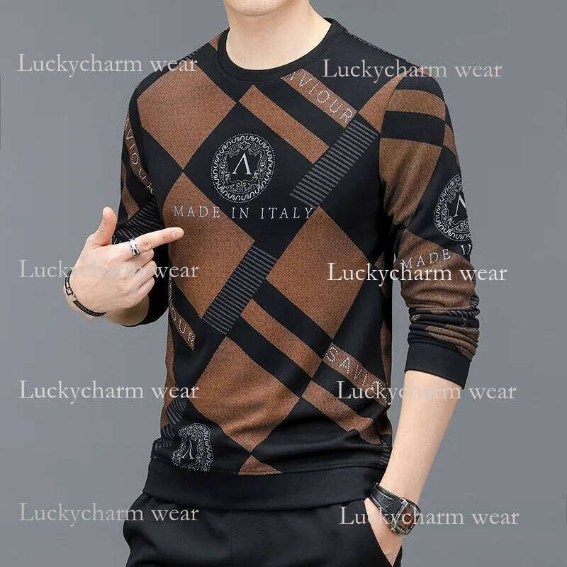 Spring And Autumn Men's Pullover Round Neck Letter Print Contrast Rhinestone Hoodies T-Shirt Long Sleeve Fashion Casual Tops