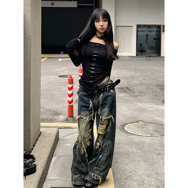 American high street n deconstructed tassel ripped jeans for women summer retro distressed large pocket floor mopping pants 251225