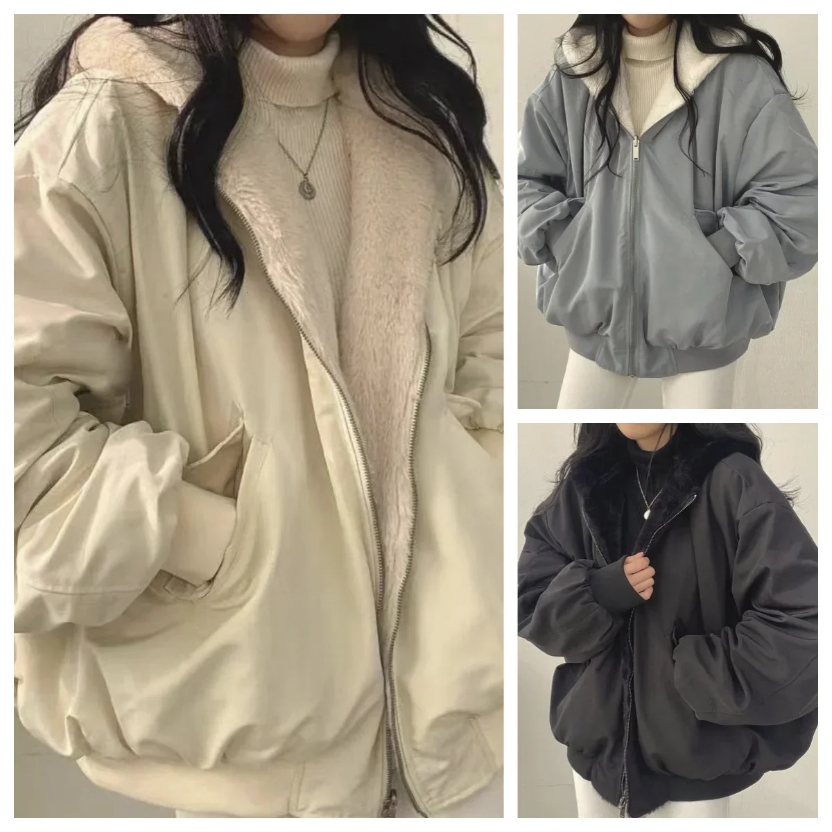 Womens Hooded Jacket Thick Warm Velvet Parkas Oversized Double Sided Fleece Coat Korean Fashion Casual Loose Zip Jackets Women 251225