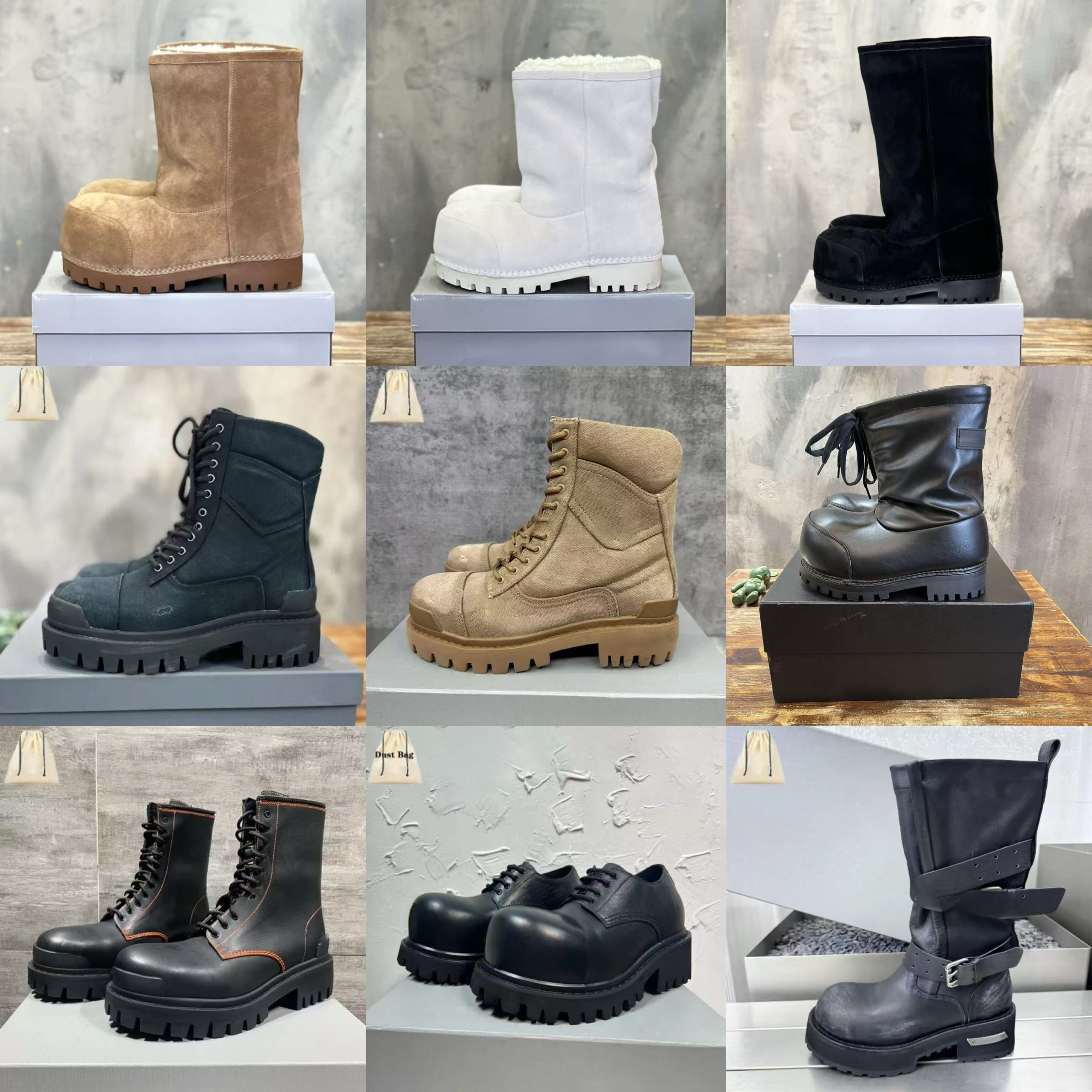 Designer Alaska Fur Boots Combat Strike Tractor Stomper High Bootie Winter Snow Rain Fall Fluffy Furry Calfskin Low Thick Rubber Sole Women Men Classic Platform