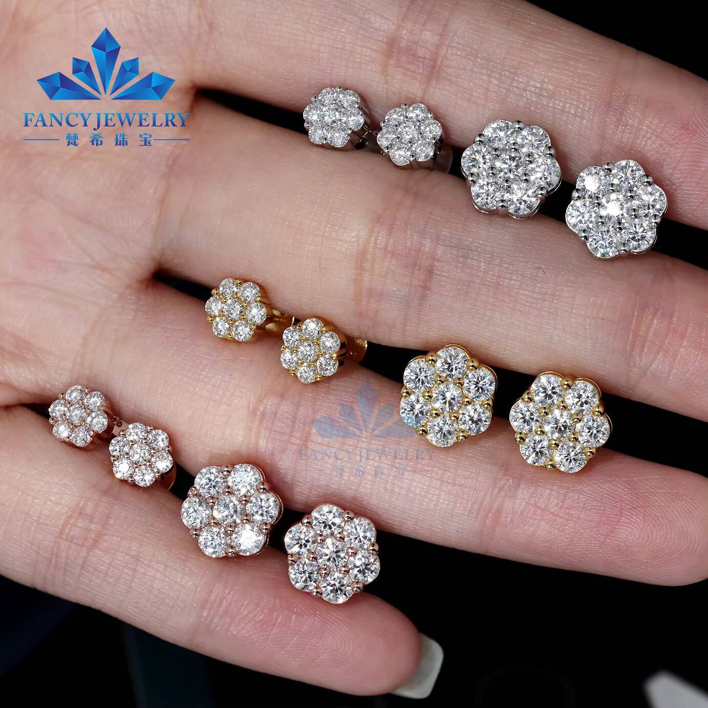 Wholesale Iced Out Hiphop Diamond Earring Silver 925 Vvs Moissanite Stud Earrings Iced Out Cluster Flower Stud Earrings