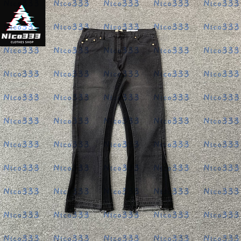GA flared jeans Black gray splicing color collision leg frayed design washed retro matching street casual jeans for men and women