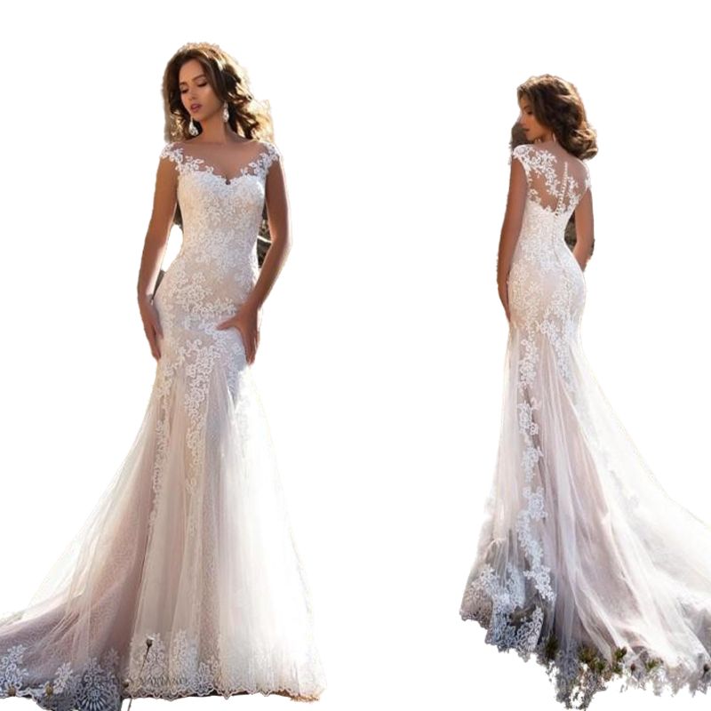 2026 Summer Garden Mermaid Wedding Dress Capped Short Sleeves Lace Appliqued Long Boho Beach Bridal Gowns Dresses Scoop Neck Back Buttons Vestidos De 