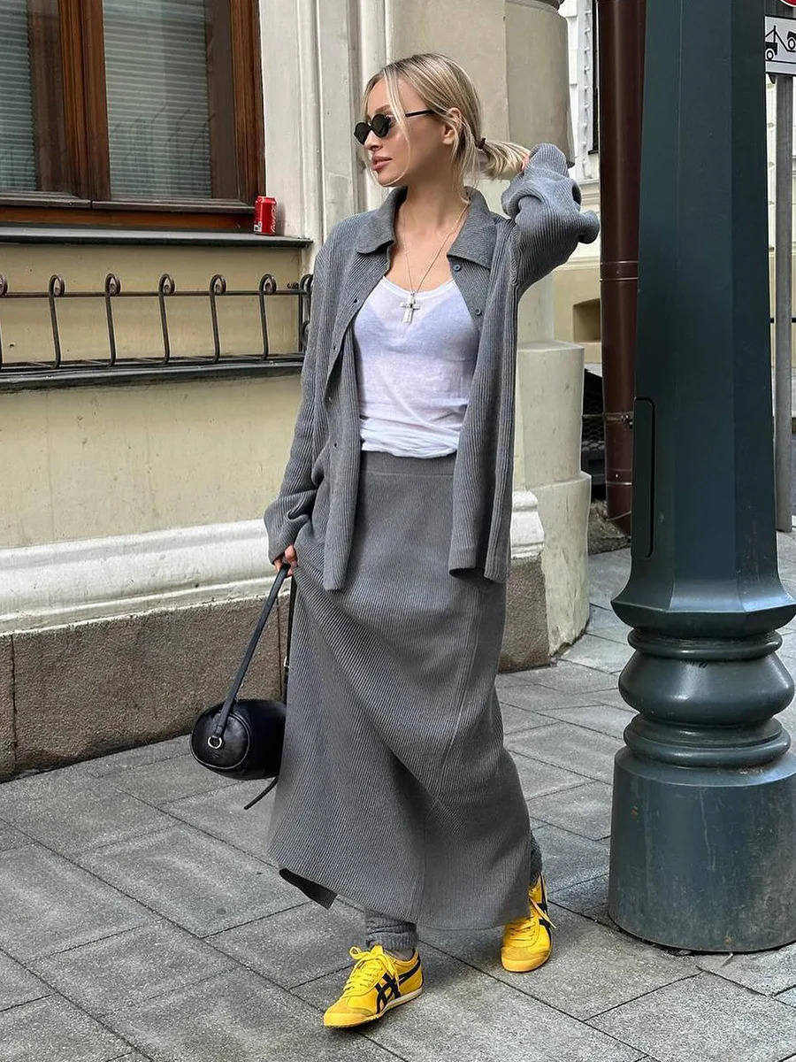 Blubelle Womens Autumn Winter Polo Collar Knit 2Piece Set Cardigan Skirt Loose Casual Solid Color Knitted Sweater Outfit 251225