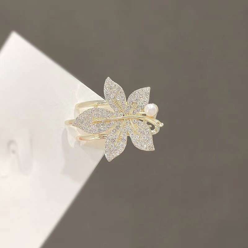Side Imitation Pearl Rhinestone Maple Leaf Duckbill Elegant Bangs Clip Hair Accessory Forehead Stylish Small Hairpin
