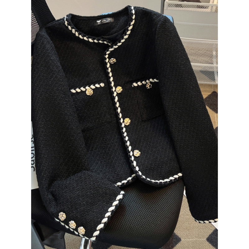 Vintage Tweed Jacket Women Elegant Cropped Quilted Coat Commute Black Blazer Winter Ladies Korean Short Outerwear Tops