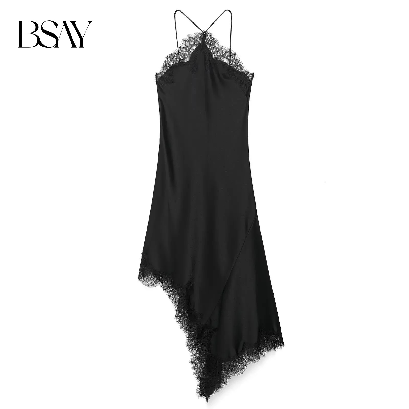 BSAY 2025 Summer Product Womens Lace Decorative Satin Texture Strap Sexy Dress with Hanging Neck and Asymmetric Bottom 251225