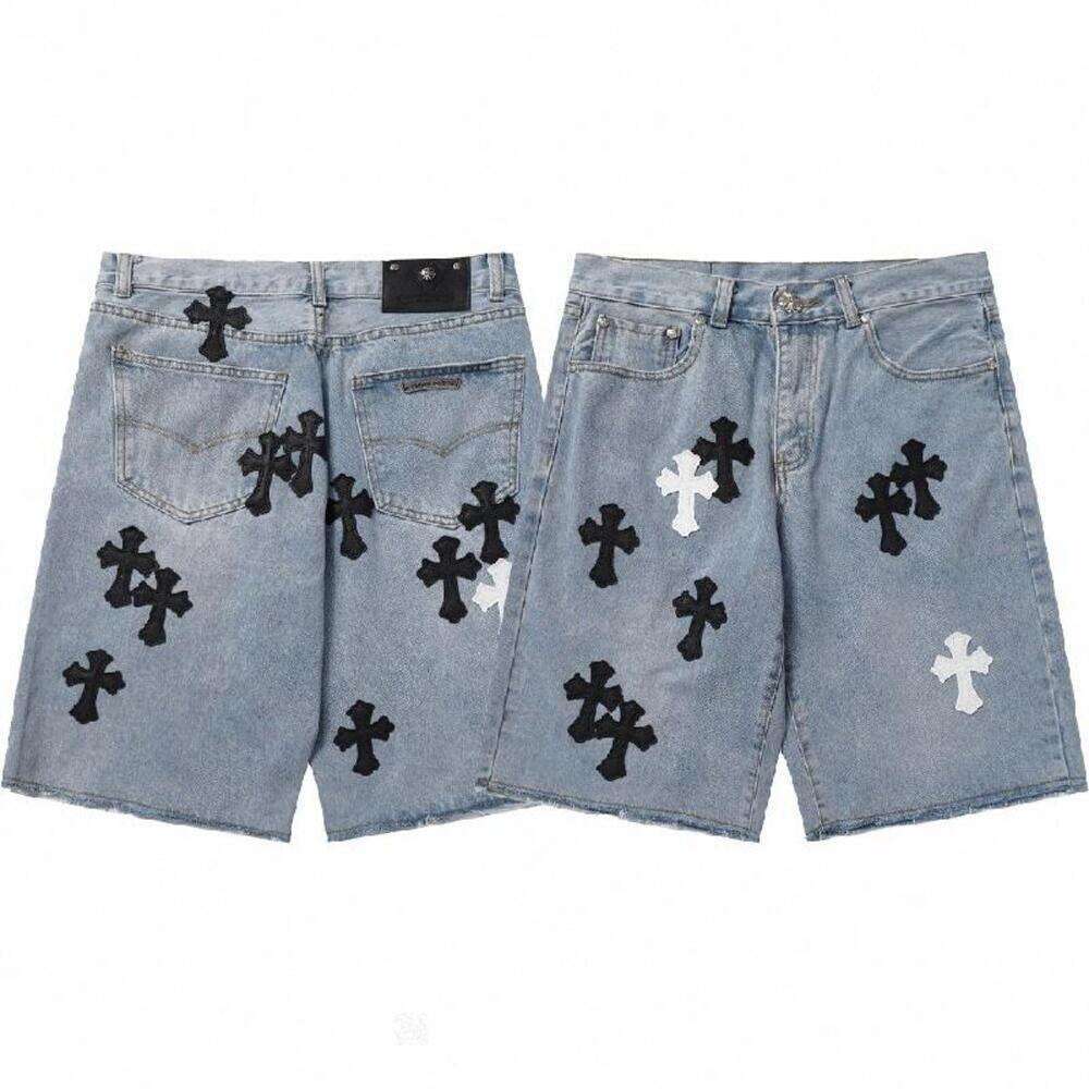 Chrome Men Designer Denim Short Pants Embroidery Crosses Graphic Over Knee Ripped Vintage Washed Gothic Clothes Y2k Streetwear Shorts CH Jea