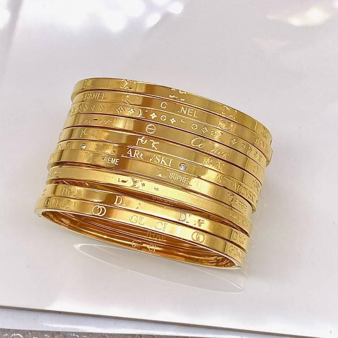 316L stainless steel Luxury designer Girl woman thin 4mm bracelets elegant 18K Gold silver Bangles branded engrave Jewelry Lady Party