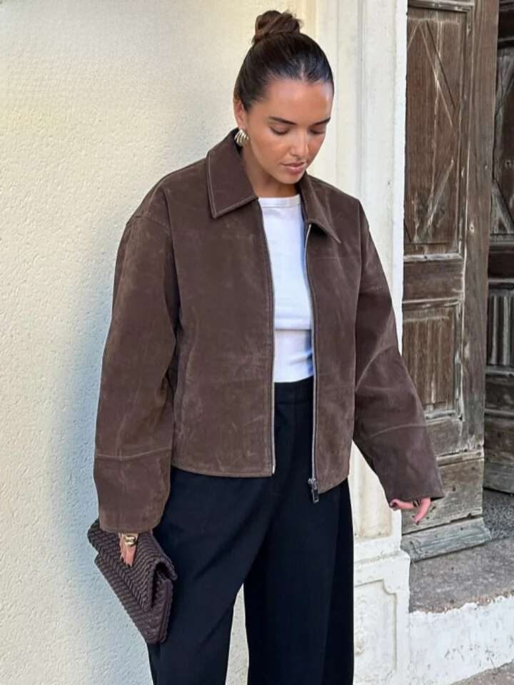Designer Fashion 2026 Brown Suede Women's Jackets Turn-Down Collar Zipper Loose Lady Short Coats 2026 Spring Female Street Office Outwear New
