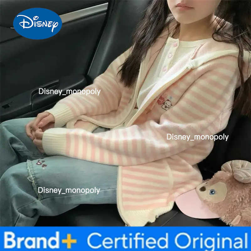 Disney Japanese Sweet Stripe Knitted Cardigan Women Tops Autumn/Winter Hooded Cute Soft Glutinous Loose Sweater Coat Women Clothing H251225