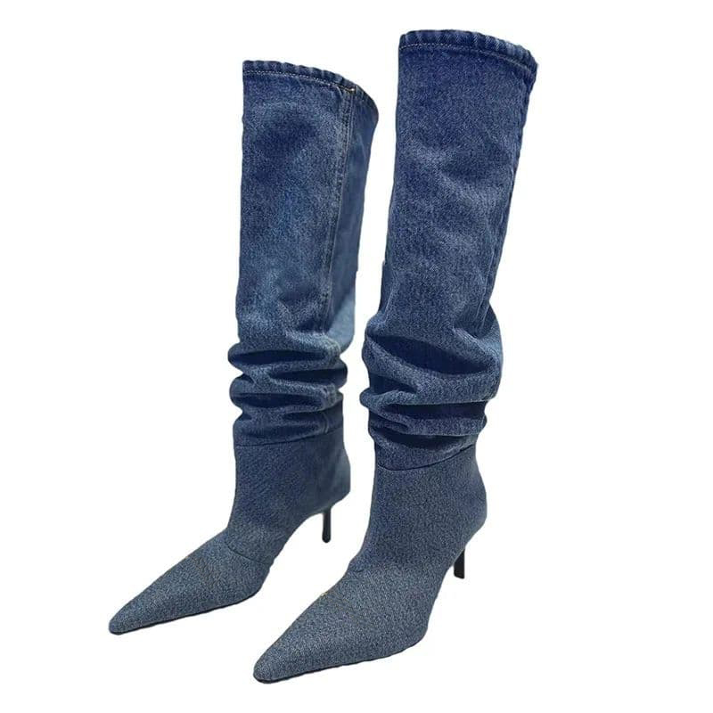 Winter Women Denim Long Boots Fashion Pointed Toe Ladies Elegant Knee High Boots Thin High Heel Knigh Boot NOXYZ16