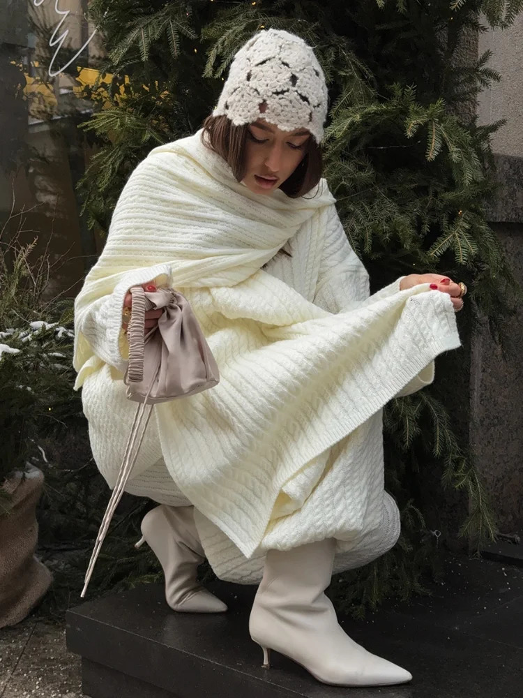 Solid Knitted Sweater Pants 2 Piece Suit Elegant Women High Collar Pullover Loose Trousers Set Autumn Winter Female Outfit 251225