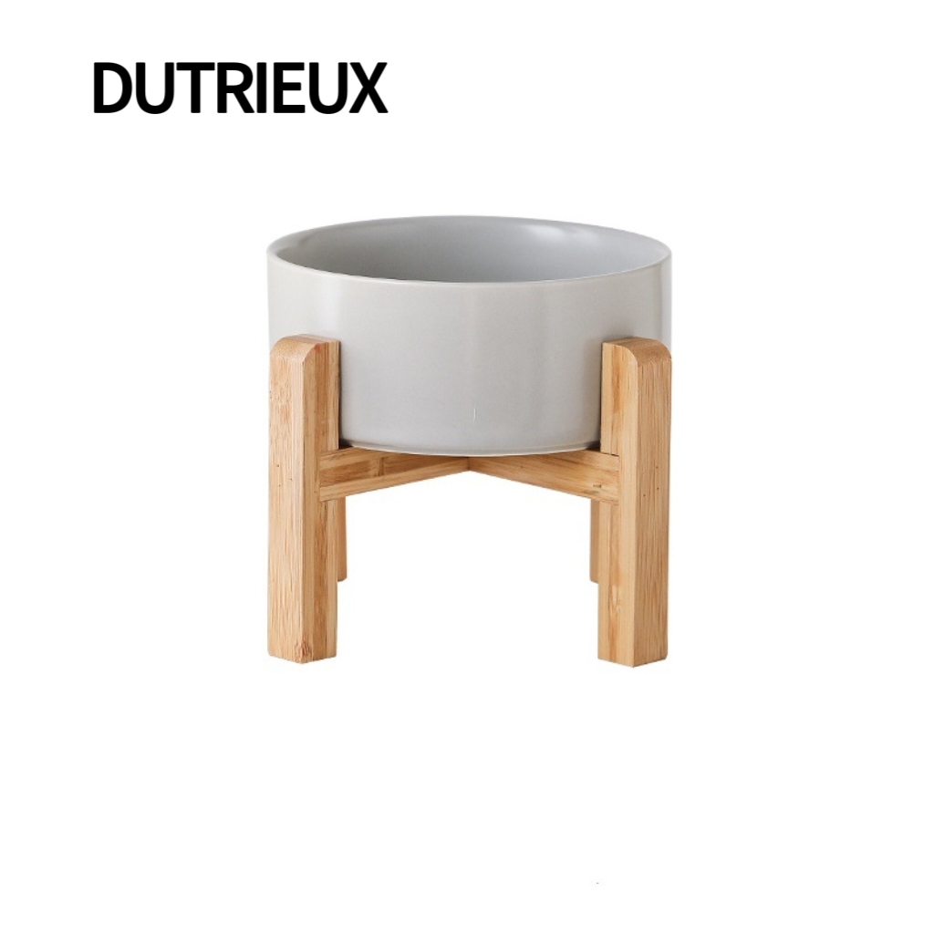 H1976 Ceramic cat and dog bowls with neck protection, tall bamboo and wood frame to prevent tipping, pet food and water bowls.