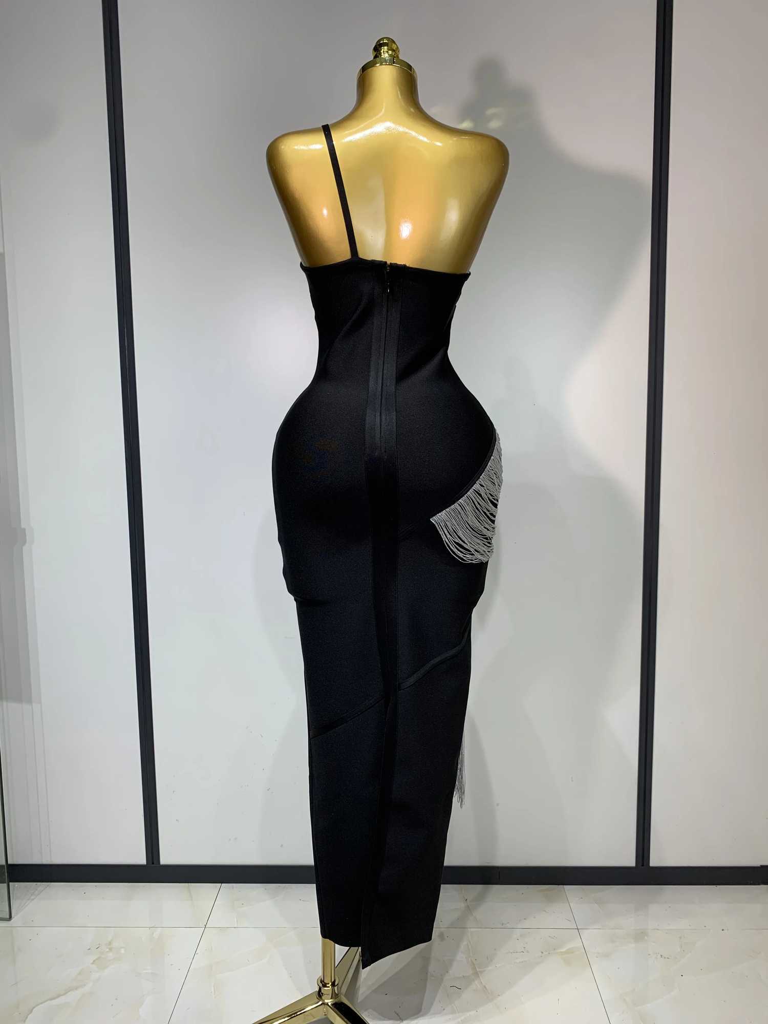 Women Sexy Slanted Collar Silver Tassel Bandage Dress Women Black Sleeveless Bodycon Dresses Evening Party Club Birthday Gowns C251225