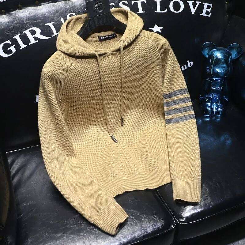 2025 Spring And Autumn New Fashion Trend Thickened Warm Striped Hooded Sweater Men's Casual Loose Sports High Quality Knitwear Xing Zhiguang